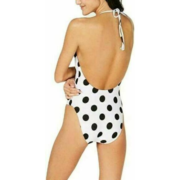 Bar III White Black This And Polka Dot Textured Halter One Piece Swimsuit M New - Picture 2 of 6